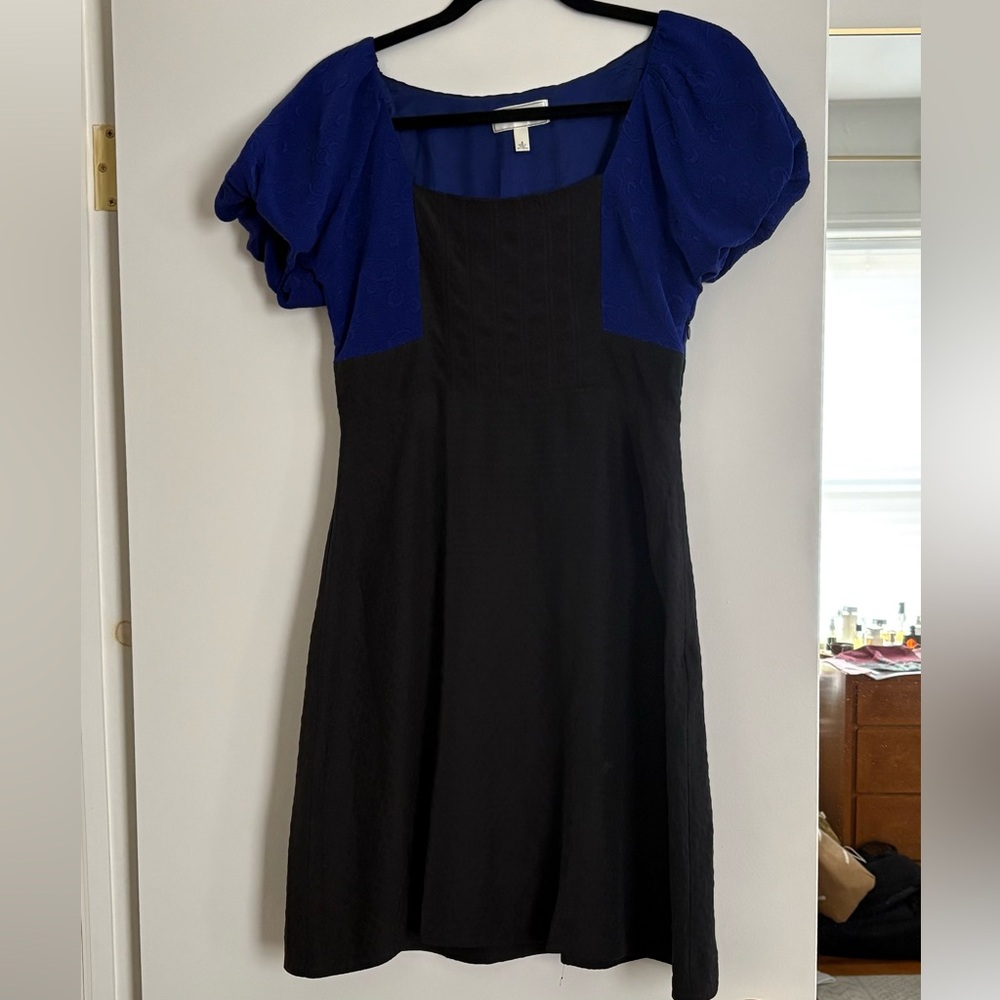 Anthropologie Moulinette Soeurs Blue and Black A-Line Puff Sleeve Dress